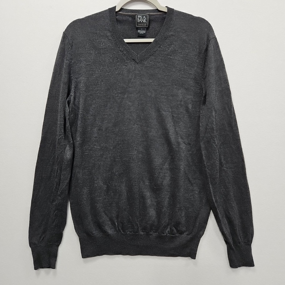 Jos A Bank Sweater Mens Large Gray Merino Wool Traveler V-Neck Long Sleeve